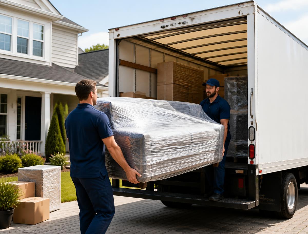 Movers loading wrapped household furniture into a truck